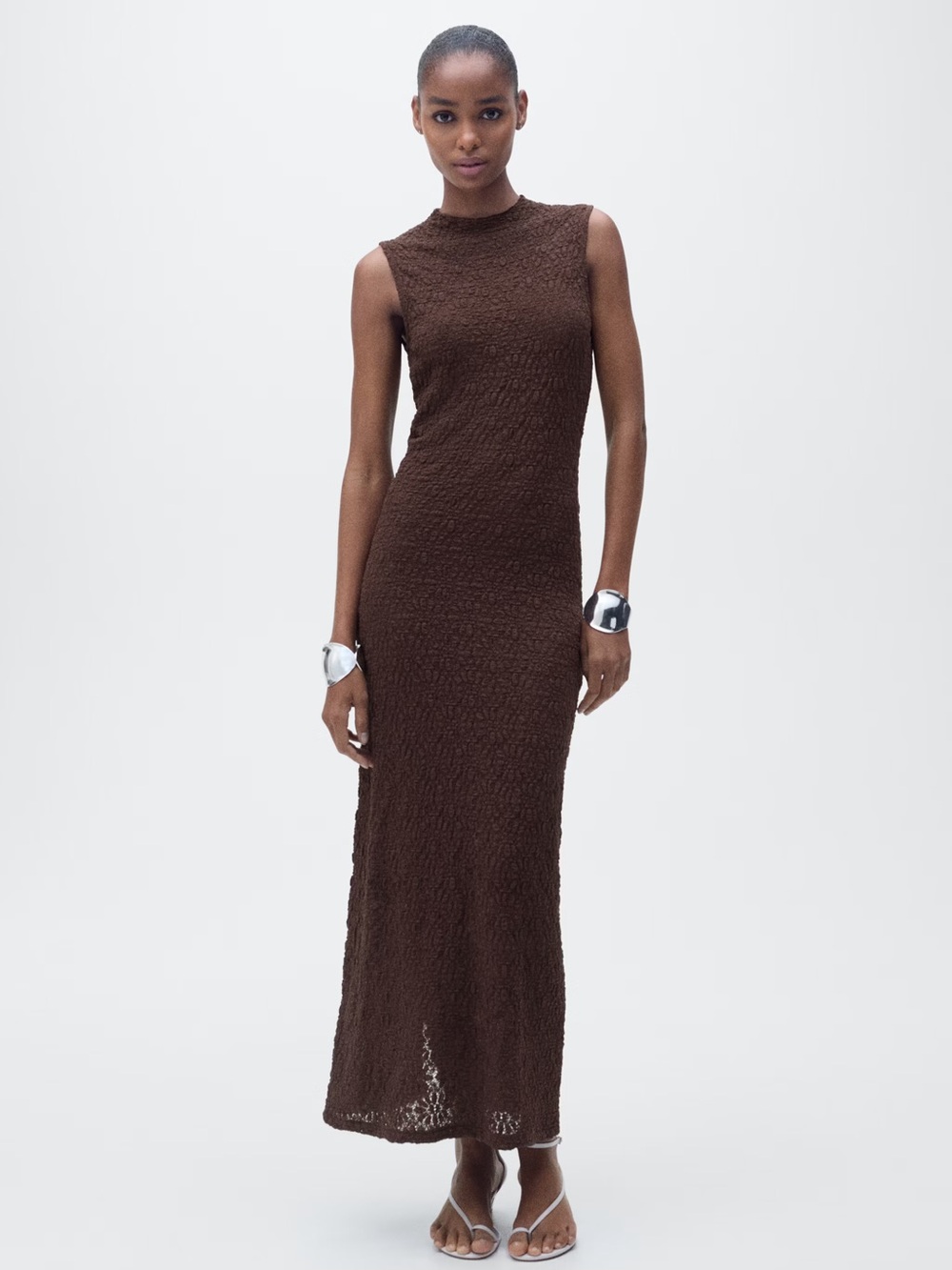 Mango Brown Perkins-neck textured dress NWT